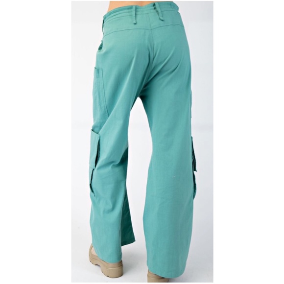 Easel Teal Green Cotton Wide leg Cargo Pants - Picture 3 of 3
